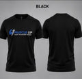 Black short-sleeve crewneck t-shirt shown from both front and back views against a light gray background, with the word BLACK at the top. The front features a blue and white 'MUSCLE UP' logo with the text 'TEAM.