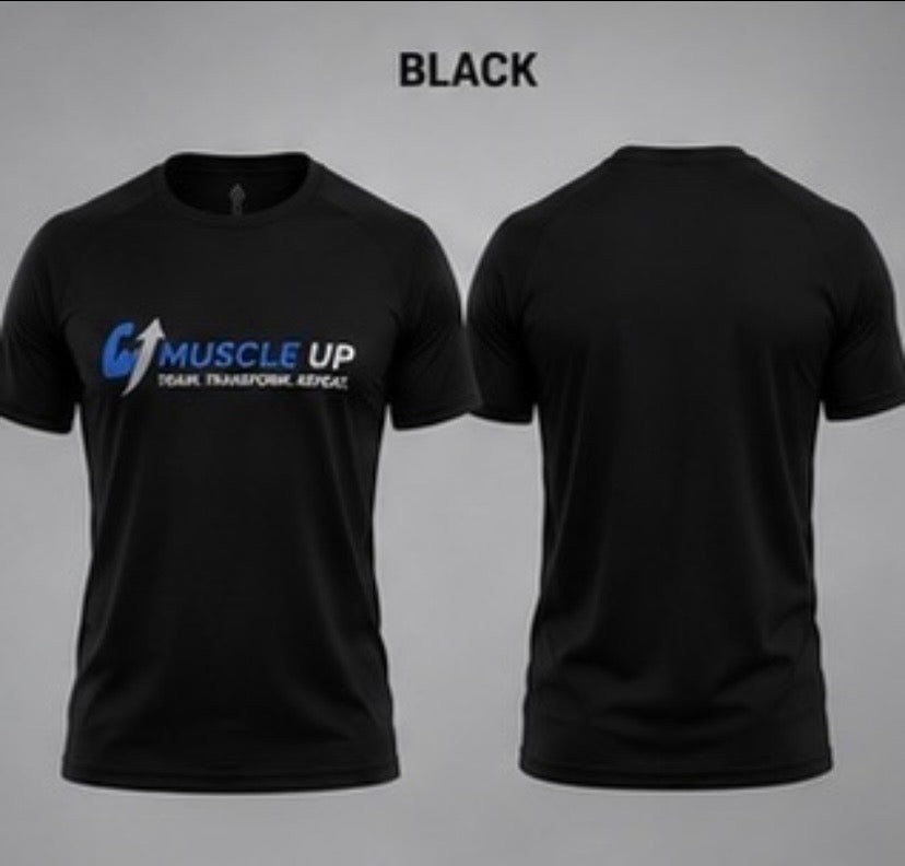 Black short-sleeve crewneck t-shirt shown from both front and back views against a light gray background, with the word BLACK at the top. The front features a blue and white 'MUSCLE UP' logo with the text 'TEAM.