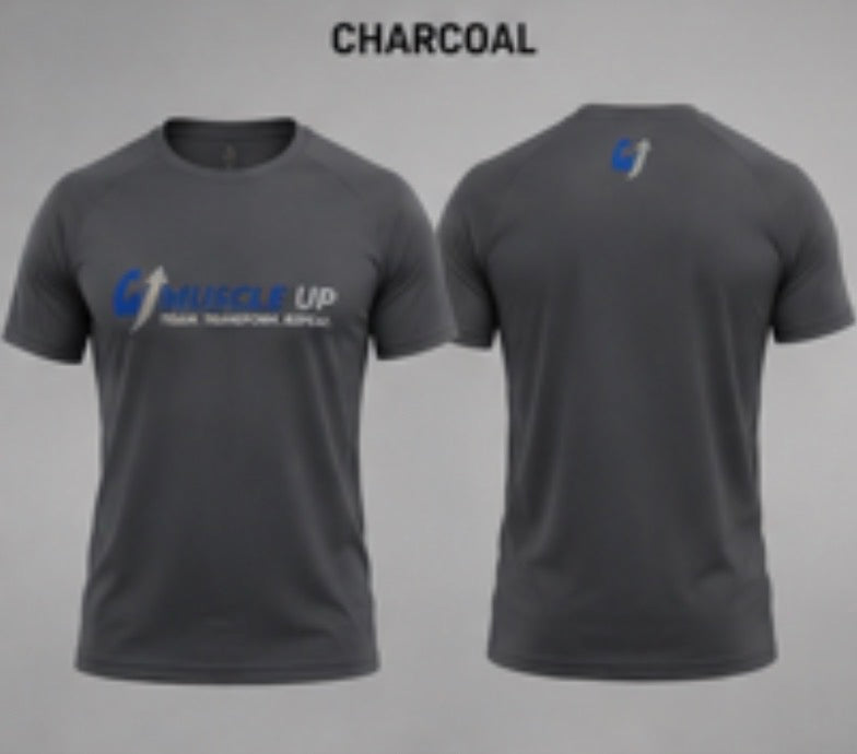 Front and back views of a charcoal gray short-sleeve t-shirt with a blue and white 'Muscle Up' logo on the front and a small matching logo on the back, shown on a light gray background with the word 'CHARCOAL' at the top.