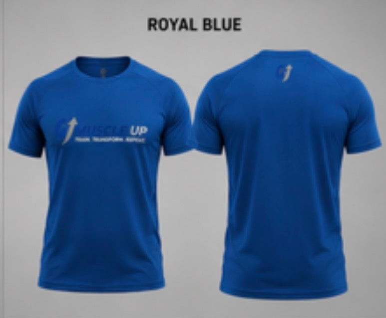 Front and back views of a royal blue short-sleeve t-shirt on a light gray background, with 'ROYAL BLUE' text at the top. The front features a blue and white graphic with the text 'MUSCLE UP' and 'TRAIN TRANSFORM YOUR'.
