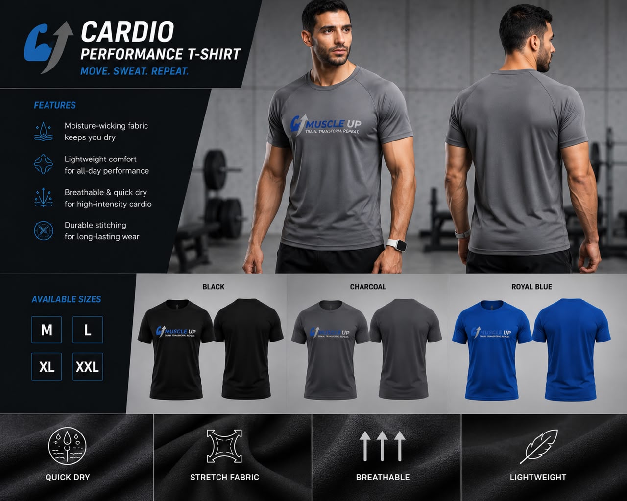 Cardio performance t-shirt with features and color options displayed.