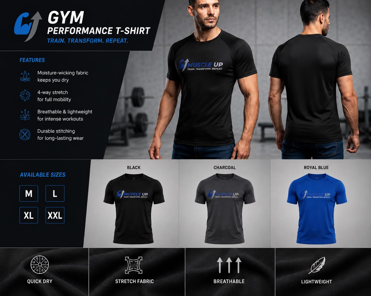 Gym performance t-shirt with features and color options displayed.